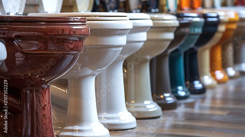 Elegant display of diverse white ceramic toilets in a contemporary bathroom showroom interior