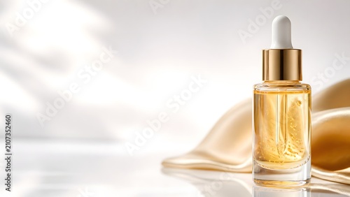 Luxury cosmetic serum bottle with gold flakes on soft beige satin fabric background, premium skincare facial oil dropper mockup for beauty product branding, minimalist elegant studio photography