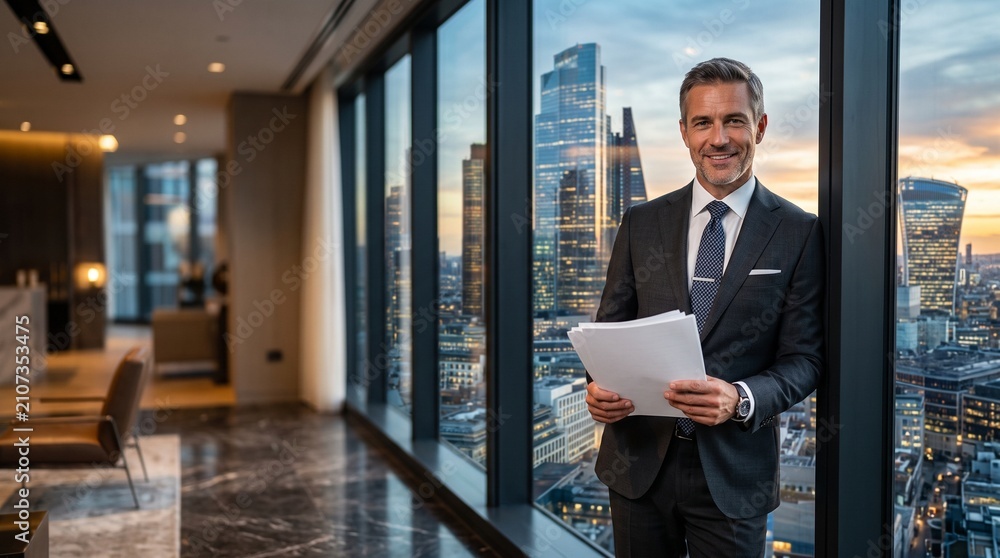 Fototapeta premium Confident executive standing by floor-to-ceiling windows overlooking a modern financial district, holding blank documents; luxurious office interior, dramatic natural light, cinematic composition.