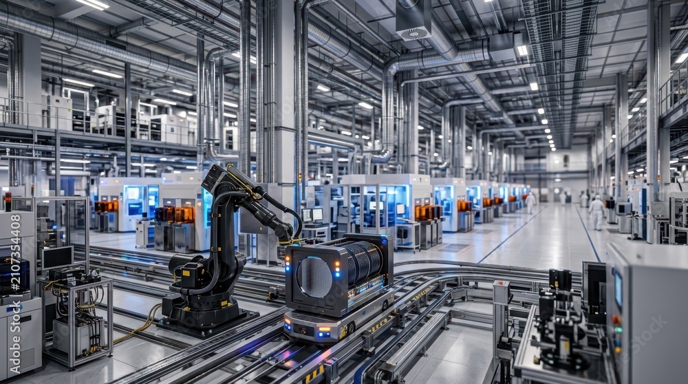 Fototapeta premium Semiconductor fabrication hall with robotic arms, wafer carriers, stainless ducts, and illuminated processing bays for expansion investment.