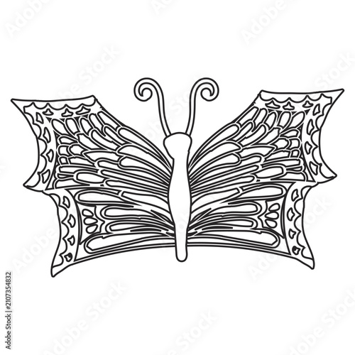 Butterfly in doodle style, linear drawing. Vector illustration isolated on white background.