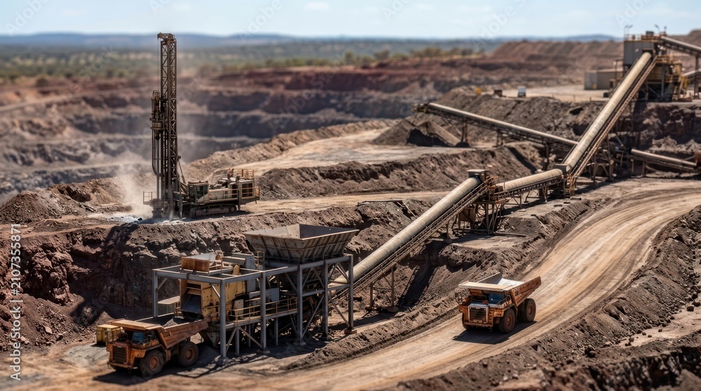Fototapeta premium Established open pit mining operation with haul roads, drill mast, crusher, and conveyor systems for industrial extraction and site expansion