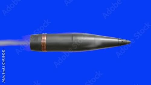 A metallic artillery shell projectile moves rapidly across a solid blue chroma key background. Perfect for visual effects artists needing compositable military ordinance and action shots.