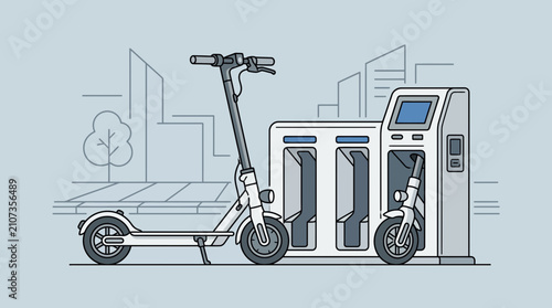 A parked electric scooter waits beside a charging station located on a quiet city sidewalk near tall buildings while citizens navigate the urban commute during their busy daily routines every