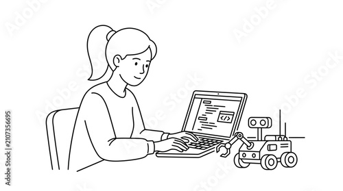 A diligent young female student sits at her desk typing computer code into a laptop while interacting with a small mechanical robotic device that she has successfully programmed for her science