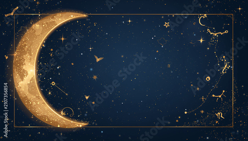 深いインディゴブルーの夜空に浮かぶ黄金の三日月と星座のフレームイラスト