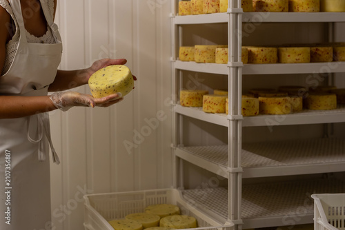 фотографія Female cheesemaker holding artisan blue veined erborinato cheese wheel in tradit