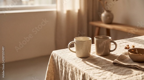 Cozy morning rituals, two elegant ceramic coffee mugs on a minimalist linen table, softly lit by morning sunlight