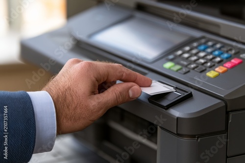 Employee Tapping Access Badge on Printer Badge Reader for Secure Printing