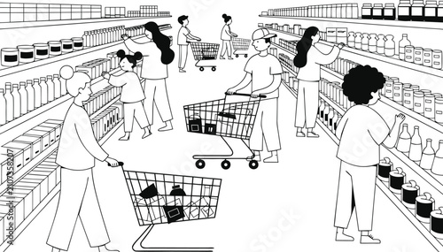 Принти на полотні People shopping in a supermarket aisle, minimalist line grocery store