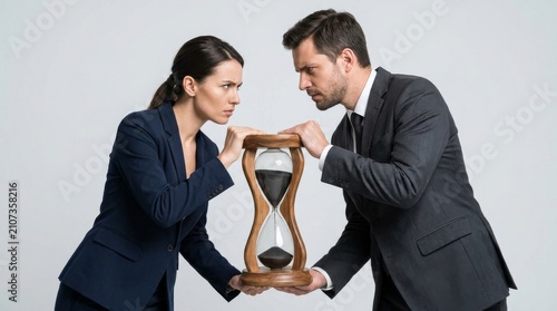 Conflict over time business partners staring at an hourglass symbolizing urgency and deadline pressure