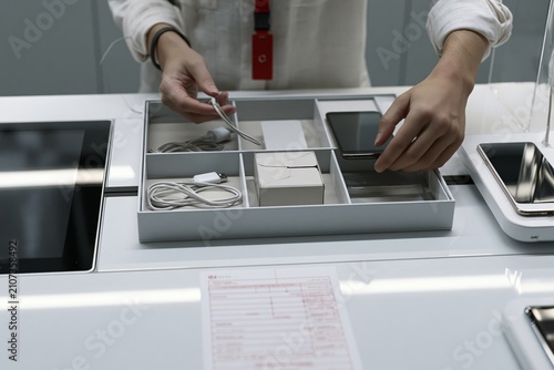 Person Placing Charger Cable and Smartphone into Electronics Accessory Tray with Checklist Face Down