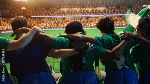 Fotografija A rear perspective shows soccer supporters swaying with linked arms in packed stadium seats, singing and rocking sideways together as part of coordinated crowd choreography during the match