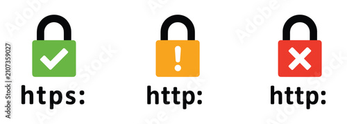 Photos Security Protocol Icons: A clear visual representation of secure (HTTPS) and insecure (HTTP) website protocols, indicated by distinct lock icons and checkmarks or alerts