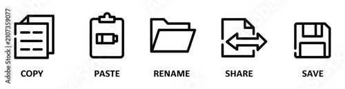 Fotografi File Management Icons: A clean set of line icons illustrating essential file operations like copy, paste, rename, share, and save, perfect for digital interfaces and user guides