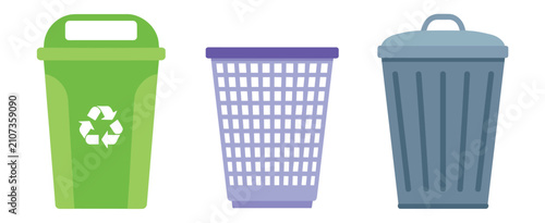 Fotografía Three Trash Cans for Waste Management: A green recycling bin with a recycle symbol, a purple basket-style bin, and a gray lidded bin are displayed side-by-side