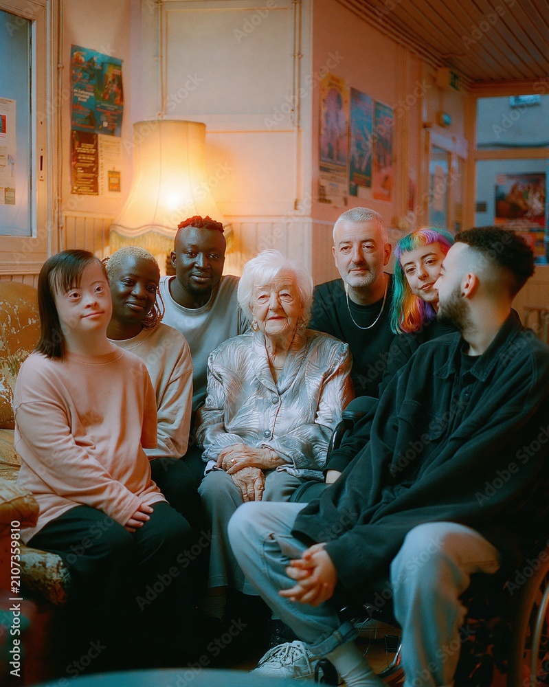 Obraz premium Diverse intergenerational group of people with varying abilities smiling together indoors