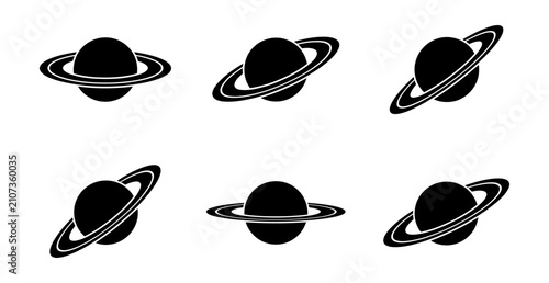 Collection of six black planet with rings, shown from various angles and perspectives, representing saturn or generic ringed planet symbols