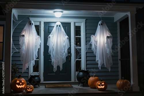 spooky halloween porch with ghost decorations and carved pumpkins glowing at night for trick-or-treaters