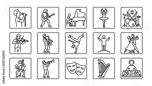 Photos Musical and performing arts in square frames, featuring singers, guitarists, pia