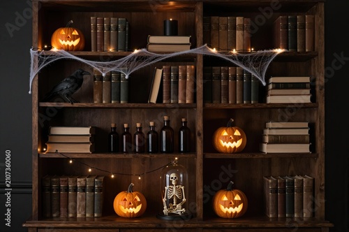 halloween shelf with books, jack-o'-lanterns, skeleton decor, and spider webs, dark and eerie mood