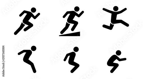 Set of six black stick figure showing a person in various running, jumping, and crouching athletic poses on a white background