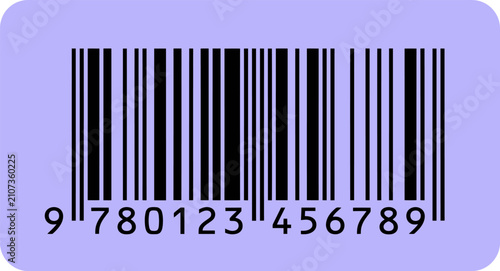 Universal barcode with numbers 9780123456789 on purple background, retail product identification label, digital scanning code vector