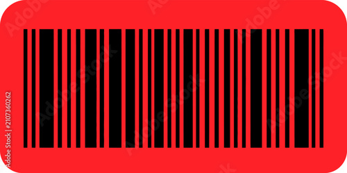 Red barcode sticker with black lines, retail price tag vector illustration, digital scanning code for product identification and logistics tracking