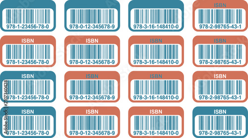 ISBN barcode stickers set, 16 retail book identification labels, blue and orange product tags, vector barcode icons for publishing