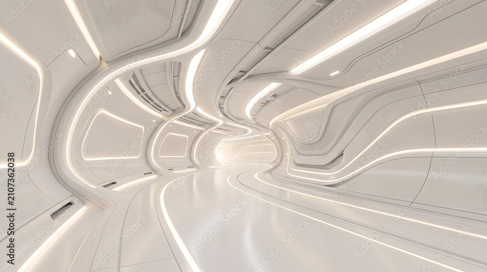 Fototapeta premium Futuristic white curved corridor with flowing LED lighting organic sci fi architecture seamless minimalist tunnel modern technology interior 3d render background