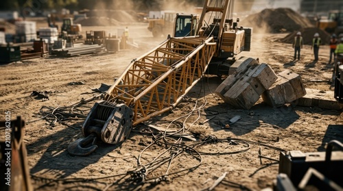 Crane failure with twisted lattice boom, bent hook block, cables, and toppled counterweight on a dusty construction site