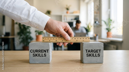 Business professional using ruler to measure gap between current skills.
