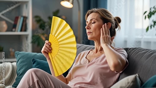 An adult woman with a fan in her hand on a sofa in the living room