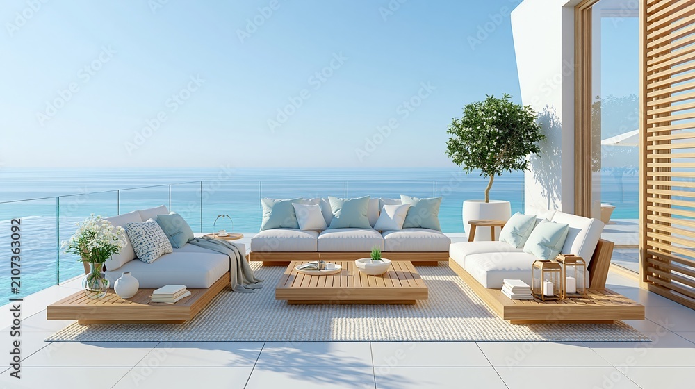 Obraz premium Modern Luxury Outdoor Living Area with Serene Ocean Views and Comfortable Seating