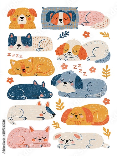 Charming Collection of Adorable Sleeping Dogs and Cats in Various Poses and Colors