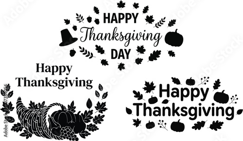 Cuadro en lienzo Happy Thanksgiving silhouette vector set, black cornucopia horn of plenty and au
