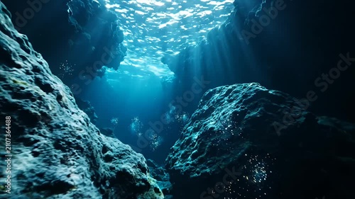 Underwater ocean canyon with light rays and bubbles.