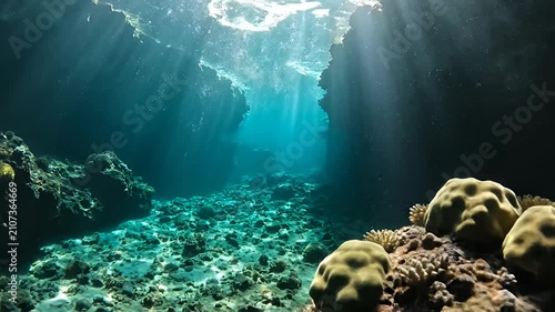 Underwater ocean floor with sun rays and bubbles
