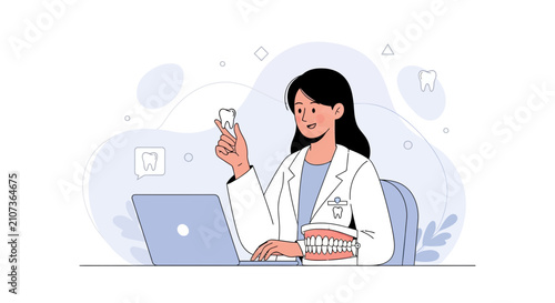 Dentist Holding Tooth and Working on Laptop with Dental Model