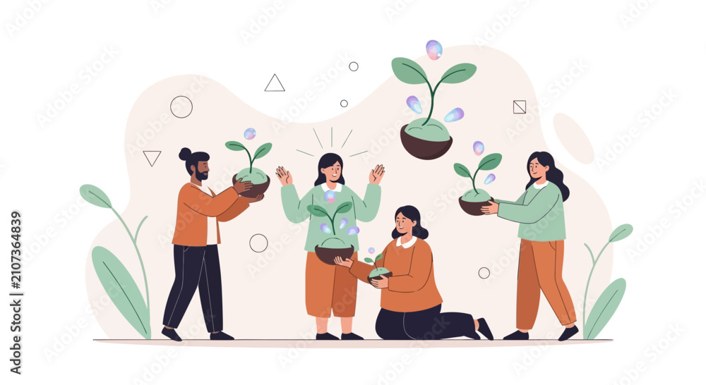 Fototapeta premium Diverse group of people cultivating and nurturing plants, symbolizing growth, teamwork, and environmental care