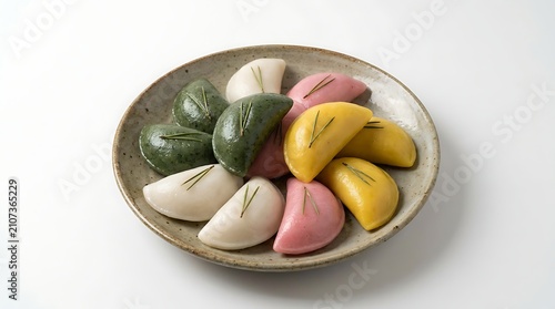 A plate of colorful mochi on a white background
