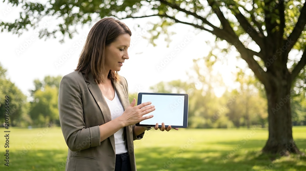 Fototapeta premium A woman in a park using a tablet with a blank screen for digital content creation or outdoor work