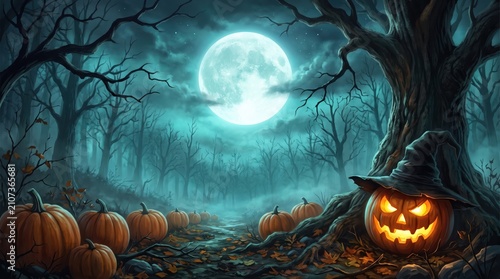 Plakat Spooky halloween pumpkin in a dark forest with full moon