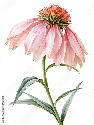 Delicate Pink Echinacea Flower Isolated on White Background, Botanical Illustration of Coneflower
