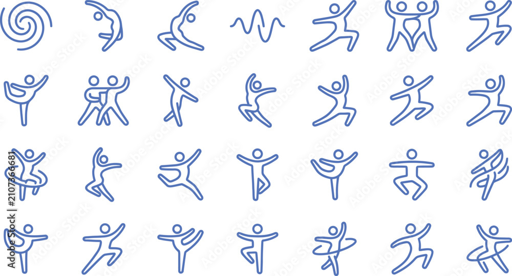 Fototapeta premium Dancing people silhouette set. Group of active dancers performing various dynamic poses.