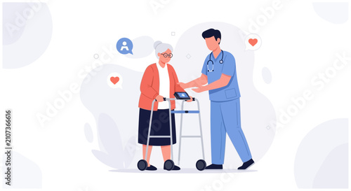 Nurse assisting elderly woman with walker, healthcare concept, flat design vector illustration