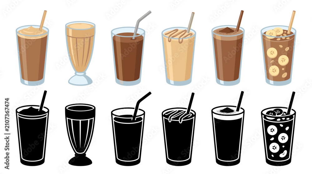 Obraz premium Professional vector collection featuring different chocolate peanut butter banana smoothie drinks, creamy banana chocolate smoothie in tall glass, peanut butter banana milkshake
