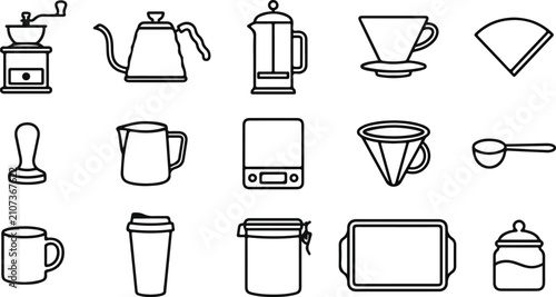 Slika na platnu Collection of hand drawn coffee brewing equipment and barista tools for making s