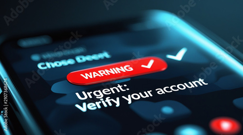 Smartphone screen displaying a digital warning and urgent security alert message about account verification, cyber security and phishing concept
