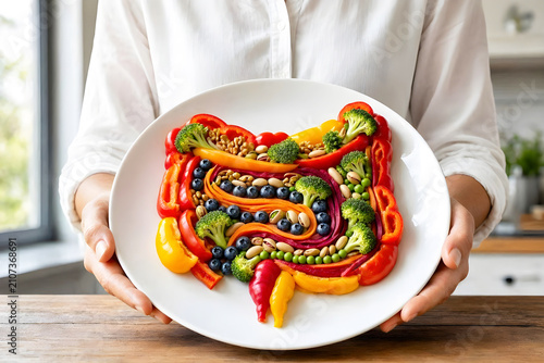 Person holding a white plate with fresh vegetables, fruits, and nuts arranged in the shape of human intestines, conceptualizing healthy gut microbiome and nutrition